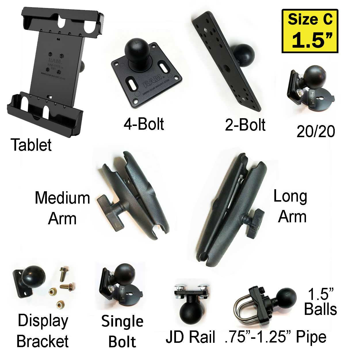 RAM Mount kit for the cab of a John Deere, Case IH, New Holland - farm tractor, combine or sprayer.