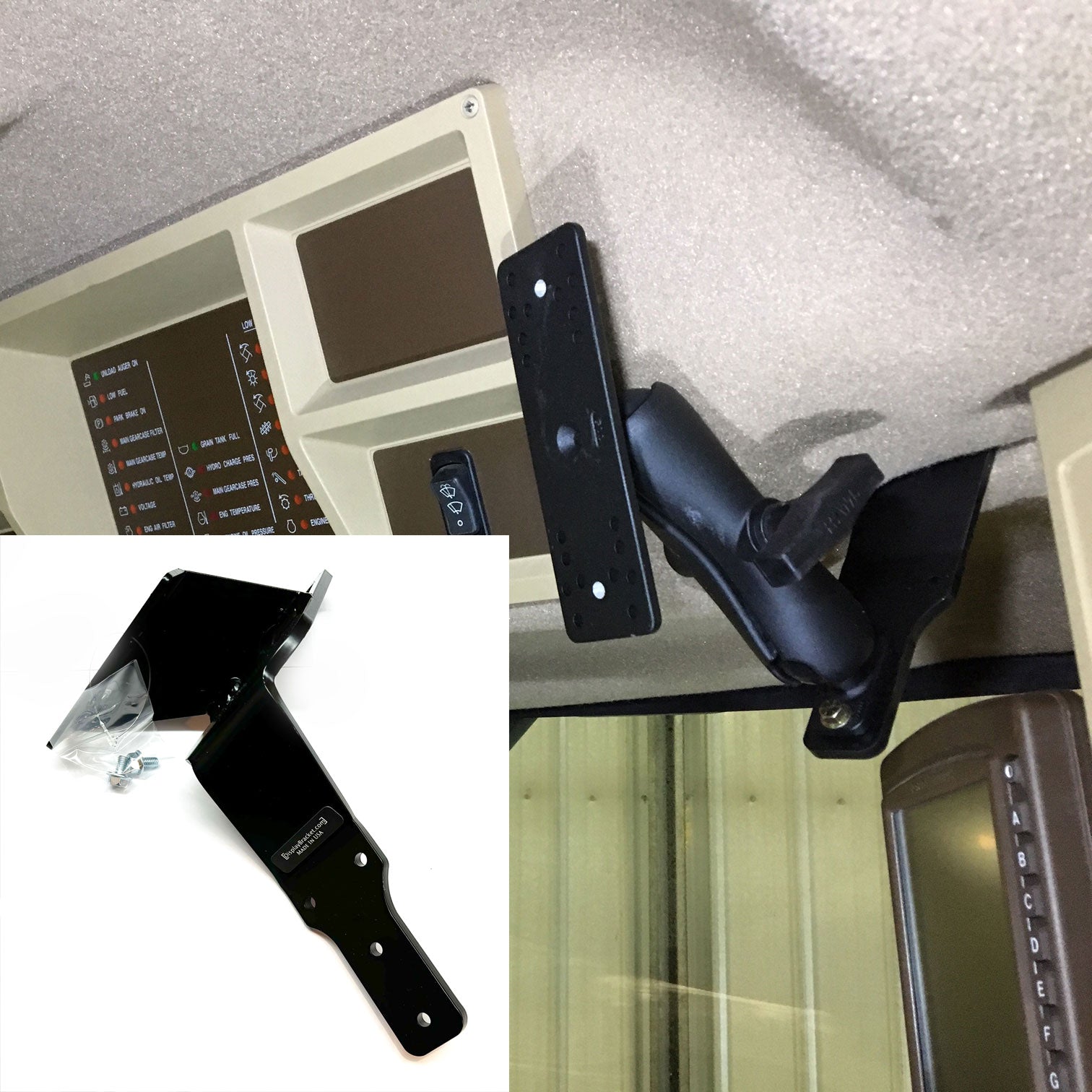 Bracket for mounting monitors in an older John Deere Combine