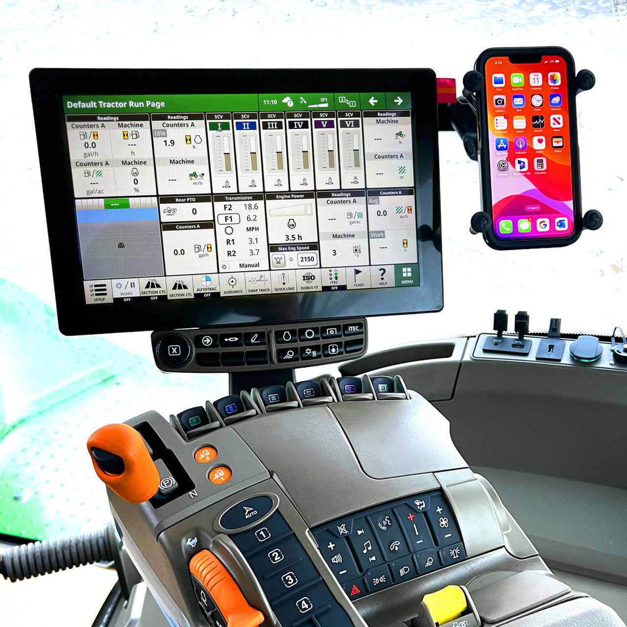Gen5 Plus Phone Holder Mounted on the arm rest of a John Deere Tractor.