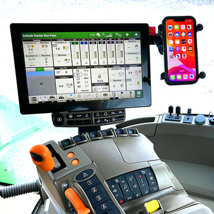 Gen5 Plus Phone Holder Mounted on the armrest of a John Deere commandarm