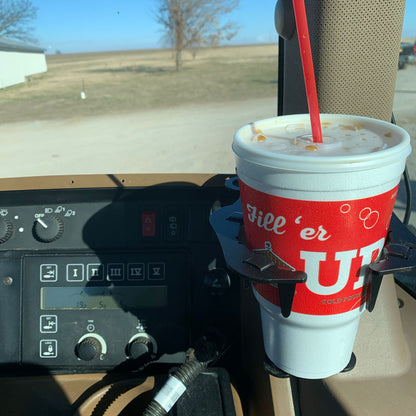 Metal cup holder for tractor cab built for farming application