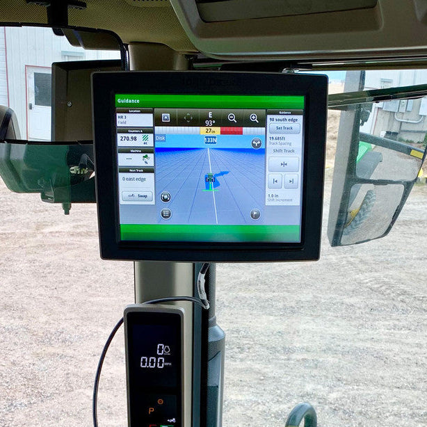 Metal Bracket for mounting a John Deere 2630, 4640 or GEN 4 extended monitor on the accessory rail in the cab. 