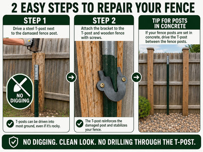 Wood Fence Post Repair Bracket for Steel T-Post – 5 Pack