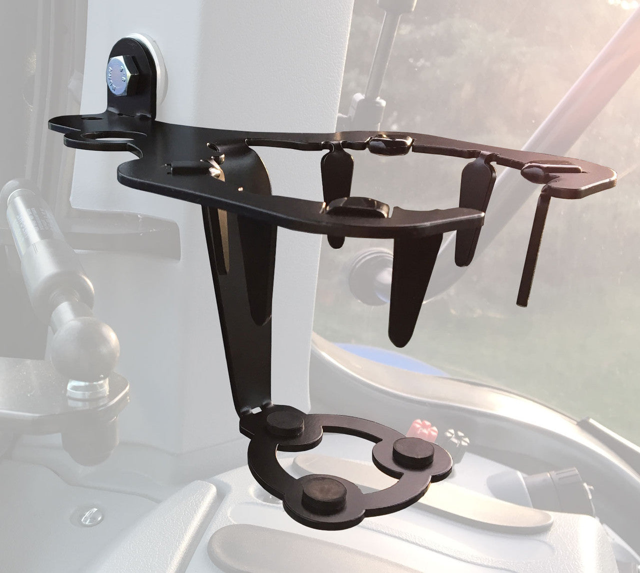 Universal cup holder holds larger 3.75" containers and mounts to the right rear corner post.